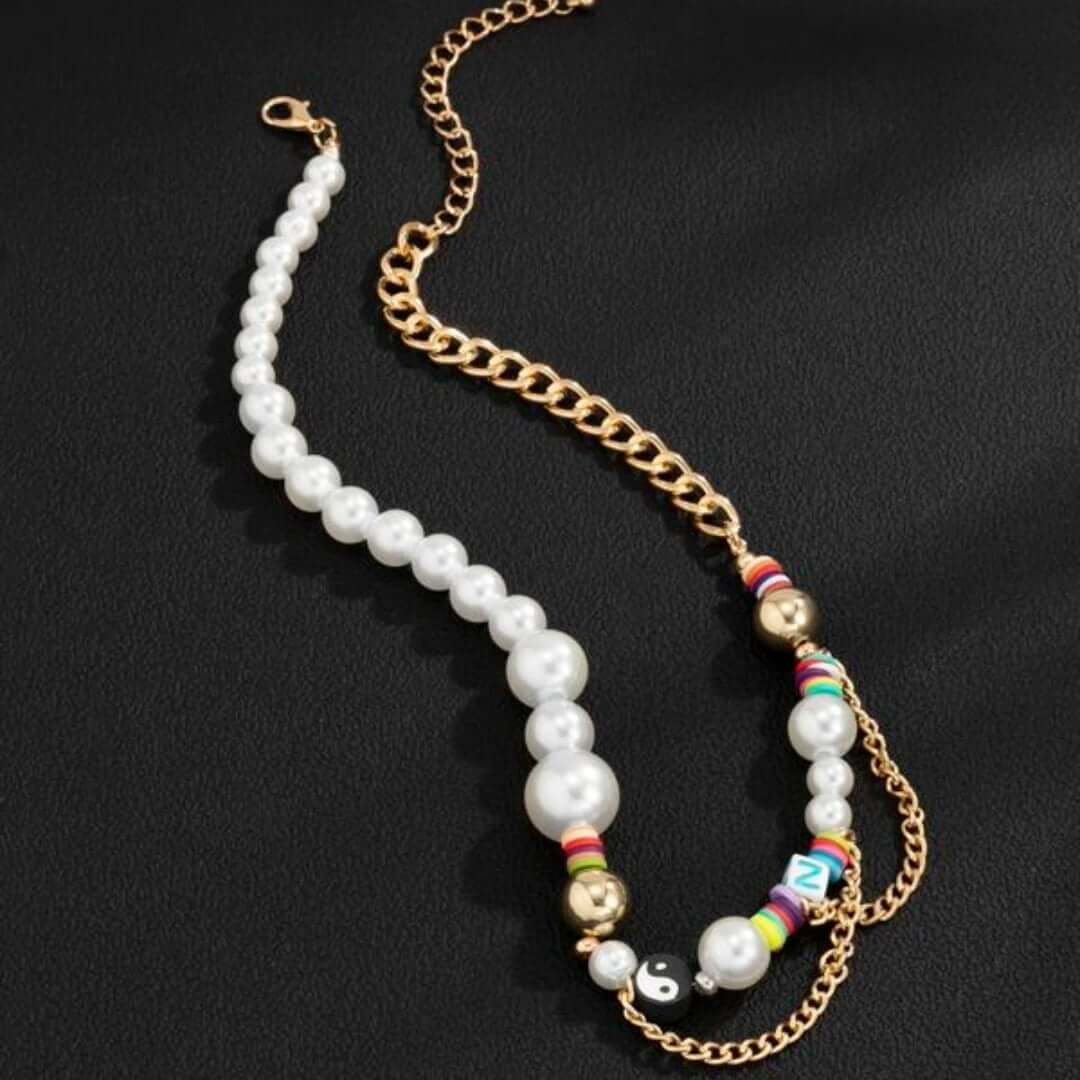 DARE TO WEAR PEARL -  Pearl Necklace for Men - Half Pearl Half Gold Toned Chain Necklace for Mens & Boys (21 inch with adjustable cable chain) - THE MEN THING