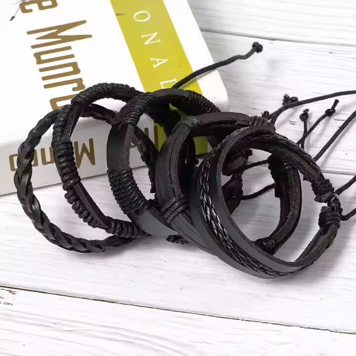 DARK ALPHA -  5 Pcs Genuine Braided Leather Bracelet Set for Men & Boys (8 inch) - THE MEN THING