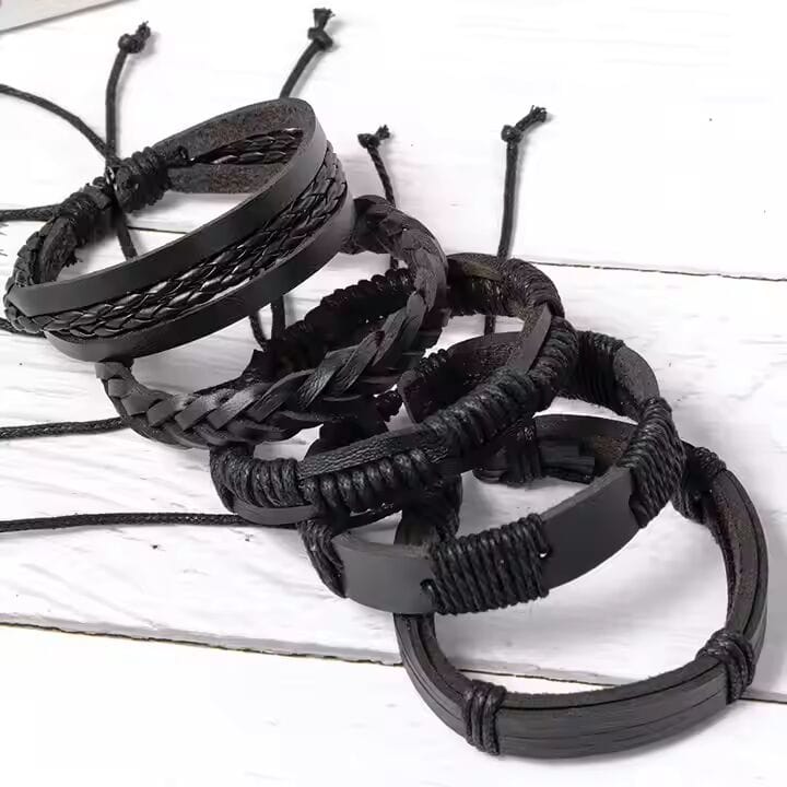 DARK ALPHA -  5 Pcs Genuine Braided Leather Bracelet Set for Men & Boys (8 inch) - THE MEN THING