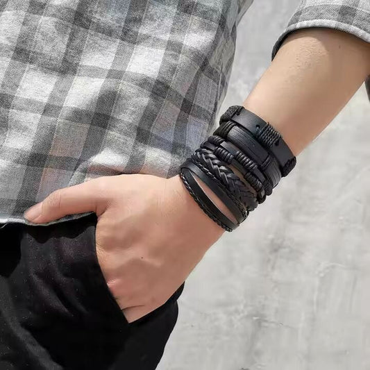DARK ALPHA -  5 Pcs Genuine Braided Leather Bracelet Set for Men & Boys (8 inch) - THE MEN THING