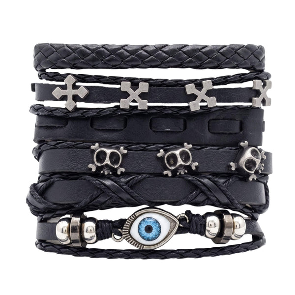 DARK EYE REAPER - 6 Pcs Genuine Leather Adjustable Bracelet for Men & Boys