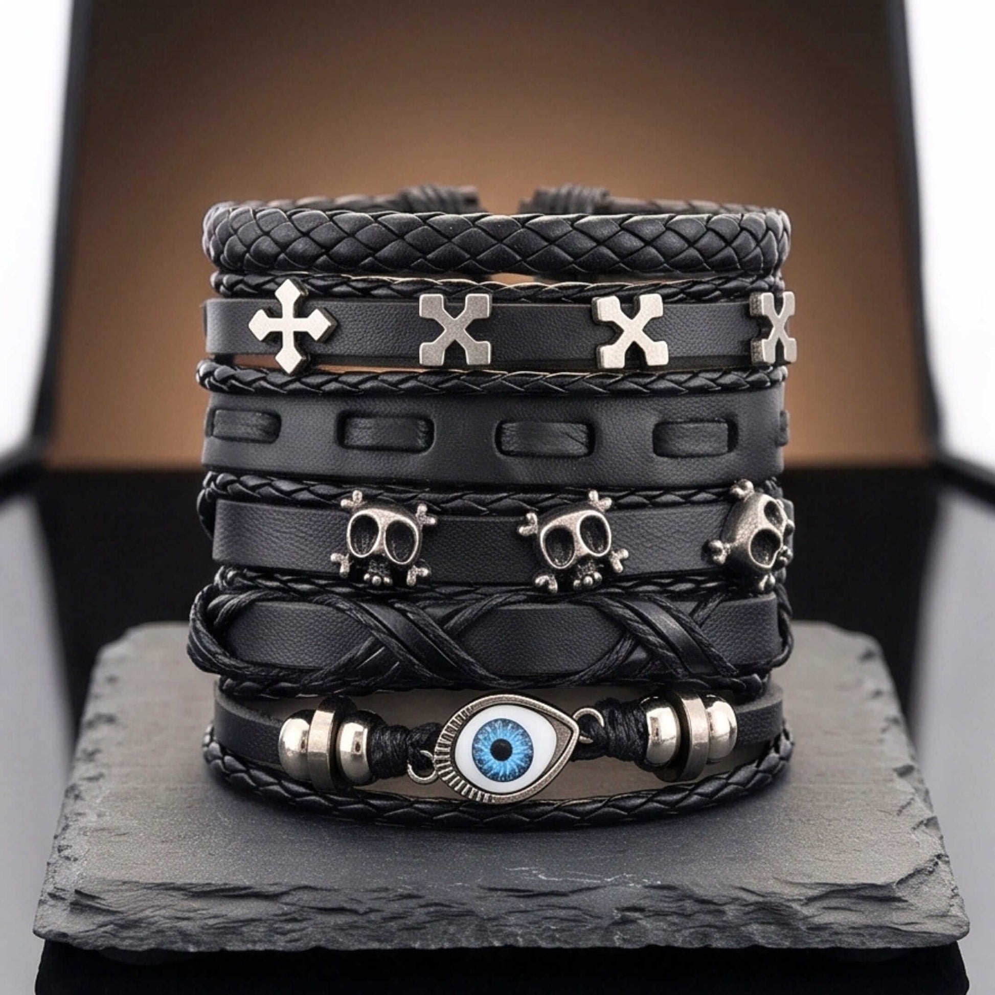 DARK EYE REAPER - 6 Pcs Genuine Leather Adjustable Bracelet for Men & Boys — Leather Bracelet for Men | THE MEN THING