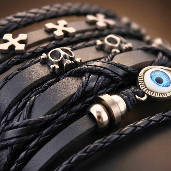 DARK EYE REAPER - 6 Pcs Genuine Leather Adjustable Bracelet for Men & Boys