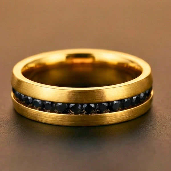 DARK INLAY GROOVE - GOLDEN - Pure Stainless Steel Men’s Gold Plated Ring (Size : 17-22-27)
