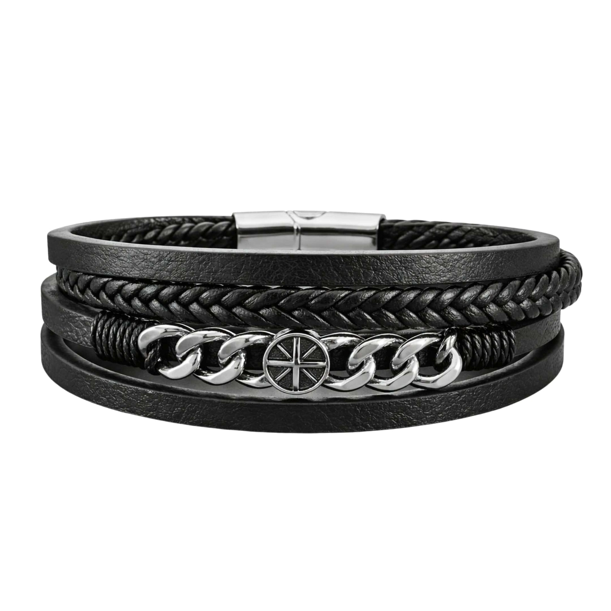 DARK IRONCLAD - Black 25mm Genuine Leather Multi-Layer Bracelet with Stainless Steel Magnetic Buckle for Men & Boys (8 inch) — Leather Bracelet for Men | THE MEN THING