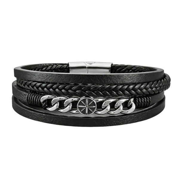 DARK IRONCLAD - Black 25mm Genuine Leather Multi-Layer Bracelet with Stainless Steel Magnetic Buckle for Men & Boys (8 inch)