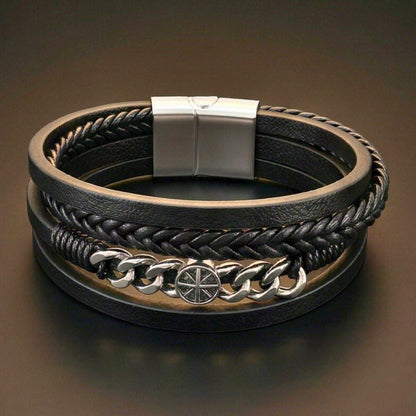DARK IRONCLAD - Black 25mm Genuine Leather Multi-Layer Bracelet with Stainless Steel Magnetic Buckle for Men & Boys (8 inch) — Leather Bracelet for Men | THE MEN THING