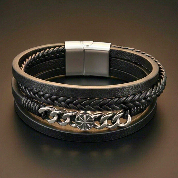 DARK IRONCLAD - Black 25mm Genuine Leather Multi-Layer Bracelet with Stainless Steel Magnetic Buckle for Men & Boys (8 inch)