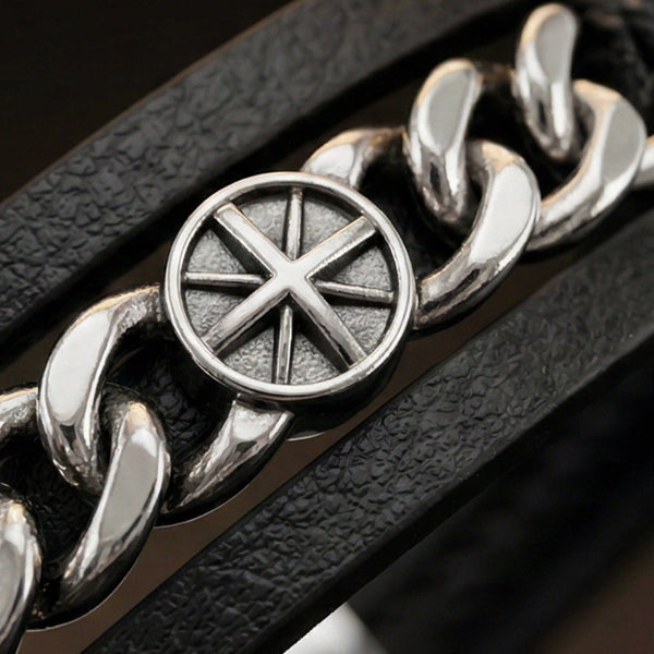 DARK IRONCLAD - Black 25mm Genuine Leather Multi-Layer Bracelet with Stainless Steel Magnetic Buckle for Men & Boys (8 inch)