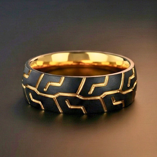 DARK MATRIX RING - Pure Stainless Steel Men’s Gold-Black-Plated Ring (Size : 17-22-27)