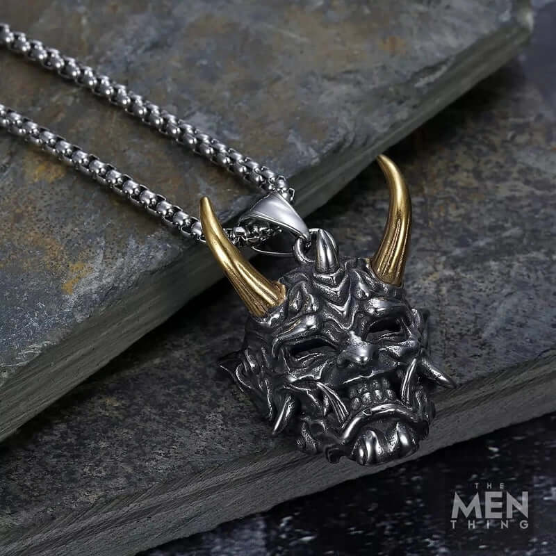 DEAMON MASK (Gold Tone Horn) - Pure Titanium Steel Pendant with 24inch Round Box Chain for Men & Boys - THE MEN THING