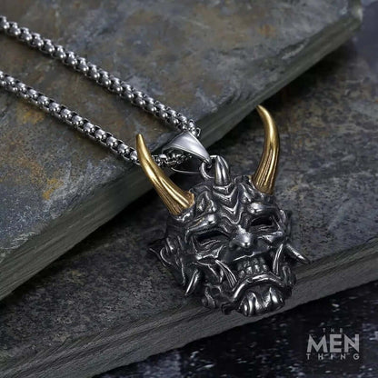 DEAMON MASK (Gold Tone Horn) - Pure Titanium Steel Pendant with 24inch Round Box Chain for Men & Boys - THE MEN THING
