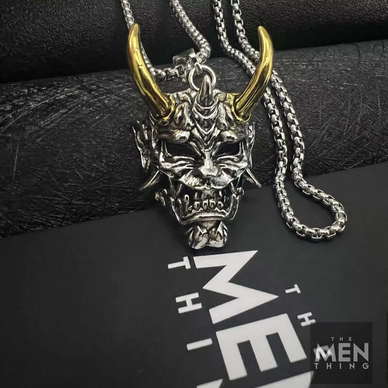 DEAMON MASK (Gold Tone Horn) - Pure Titanium Steel Pendant with 24inch Round Box Chain for Men & Boys - THE MEN THING