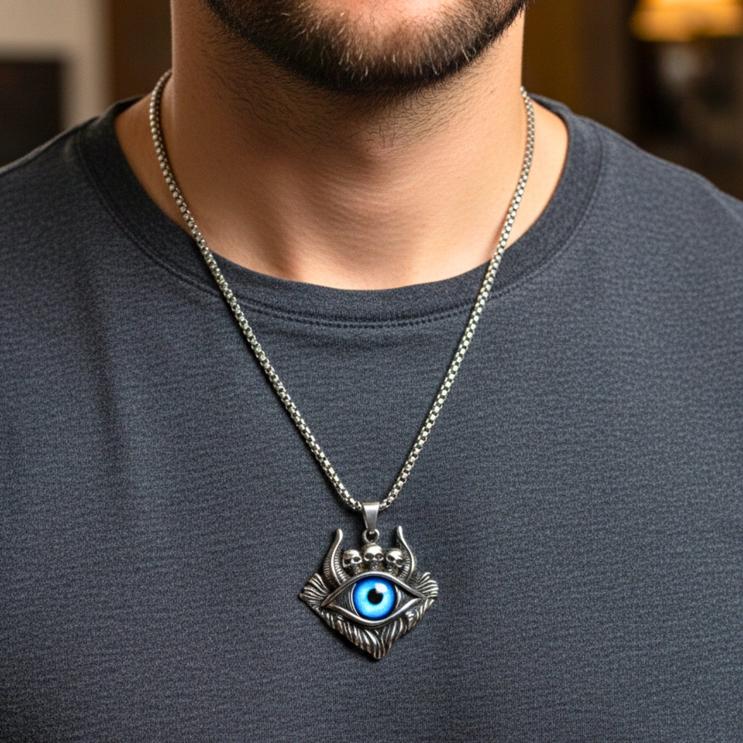 DEMON EYE - 41mm Titanium Steel Pendant with 24inch Round Box 5mm Chain for Men & Boys - THE MEN THING