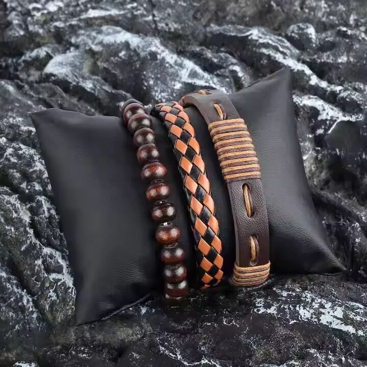 DESERT STORM - 3 Pcs Genuine Braided Leather Bracelet Set for Men & Boys (8 inch) - THE MEN THING