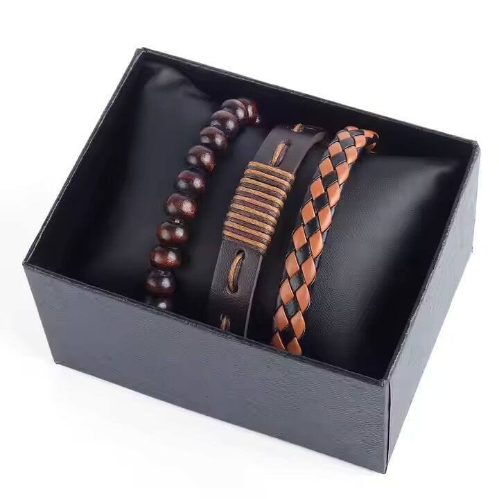 DESERT STORM - 3 Pcs Genuine Braided Leather Bracelet Set for Men & Boys (8 inch) - THE MEN THING
