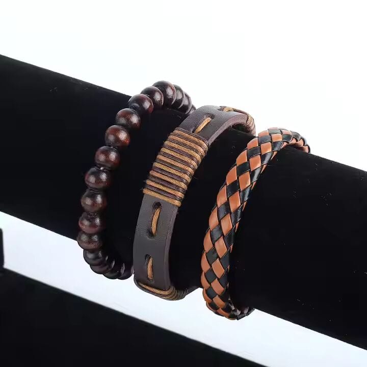 DESERT STORM - 3 Pcs Genuine Braided Leather Bracelet Set for Men & Boys (8 inch) - THE MEN THING
