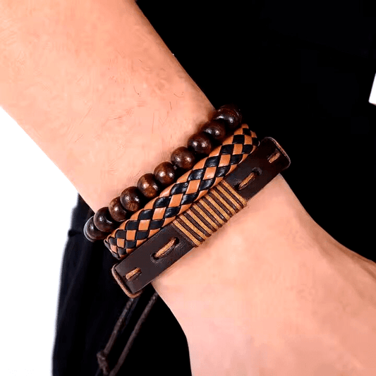 DESERT STORM - 3 Pcs Genuine Braided Leather Bracelet Set for Men & Boys (8 inch) - THE MEN THING