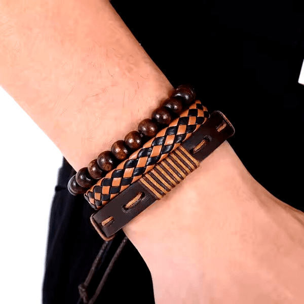 DESERT STORM - 3 Pcs Genuine Braided Leather Bracelet Set for Men & Boys (8 inch)