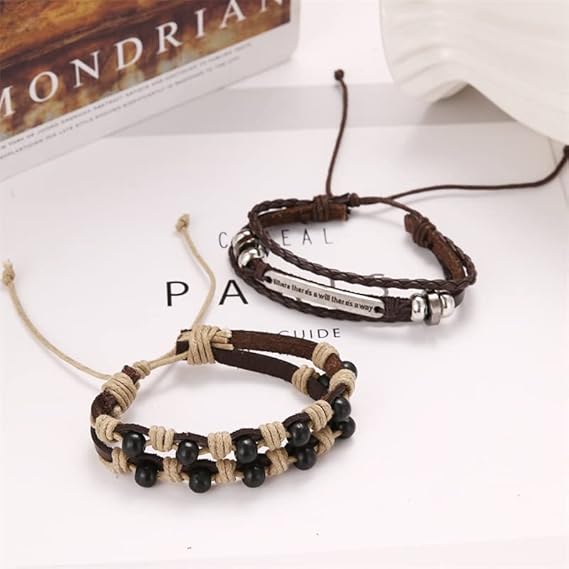 DESTINY WRAP - 2 Pcs Genuine Braided Leather Bracelet Set for Men & Boys (8 inch) - THE MEN THING