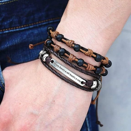 DESTINY WRAP - 2 Pcs Genuine Braided Leather Bracelet Set for Men & Boys (8 inch) - THE MEN THING