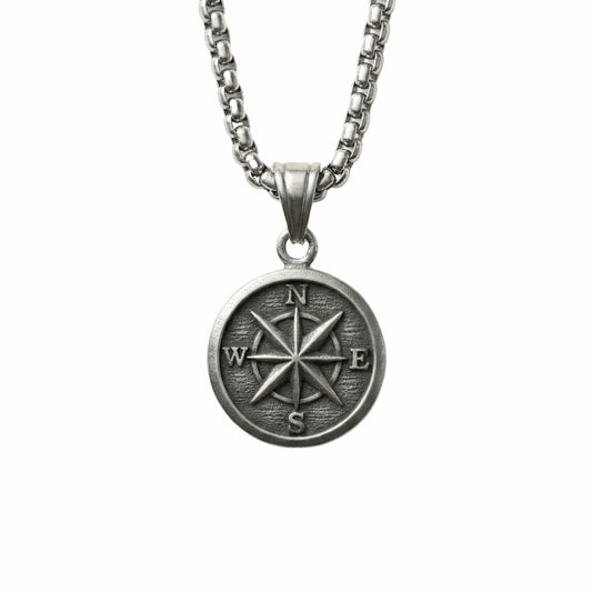 DIRECTIONAL COMPASS - 28mm Pure Titanium Steel  Pendant with 24inch Round Box 5mm Chain for Men & Boys - THE MEN THING
