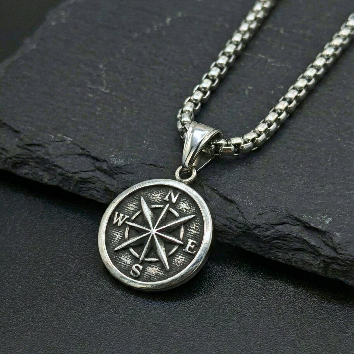 DIRECTIONAL COMPASS - 28mm Pure Titanium Steel  Pendant with 24inch Round Box 5mm Chain for Men & Boys - THE MEN THING