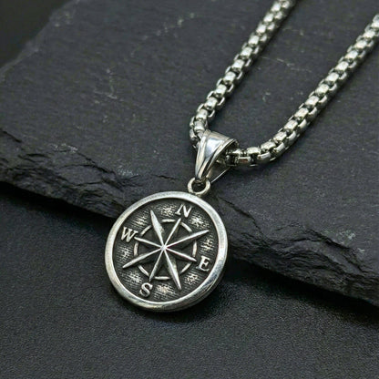 DIRECTIONAL COMPASS - 28mm Pure Titanium Steel  Pendant with 24inch Round Box 5mm Chain for Men & Boys - THE MEN THING