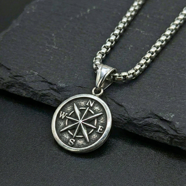 DIRECTIONAL COMPASS - 28mm Pure Titanium Steel  Pendant with 24inch Round Box 5mm Chain for Men & Boys