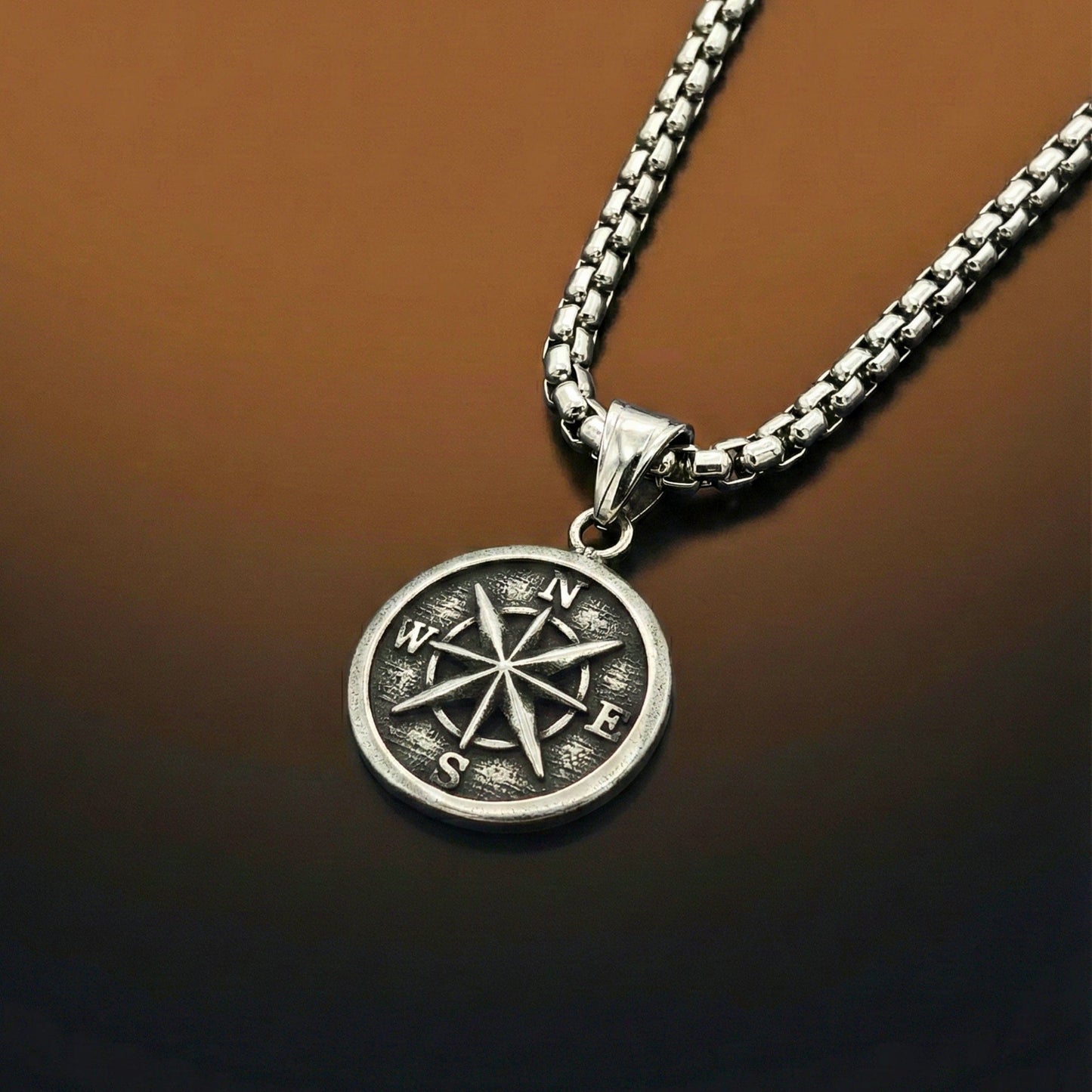 DIRECTIONAL COMPASS - 28mm Pure Titanium Steel  Pendant with 24inch Round Box 5mm Chain for Men & Boys - THE MEN THING