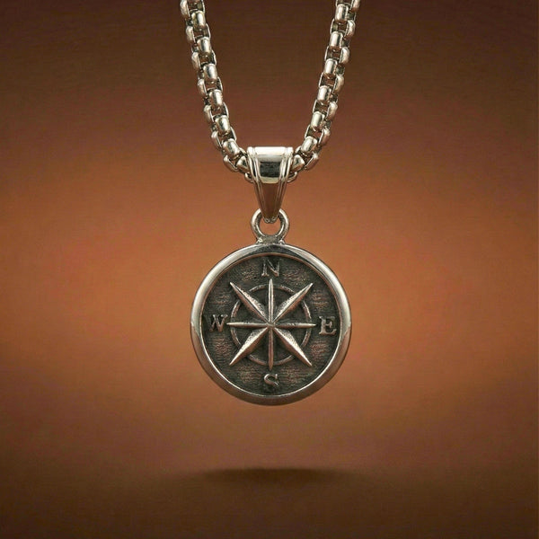 DIRECTIONAL COMPASS - 28mm Pure Titanium Steel  Pendant with 24inch Round Box 5mm Chain for Men & Boys