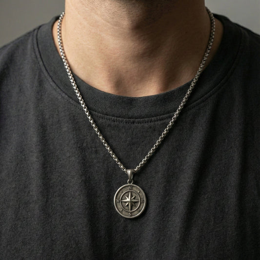 DIRECTIONAL COMPASS - 28mm Pure Titanium Steel  Pendant with 24inch Round Box 5mm Chain for Men & Boys - THE MEN THING