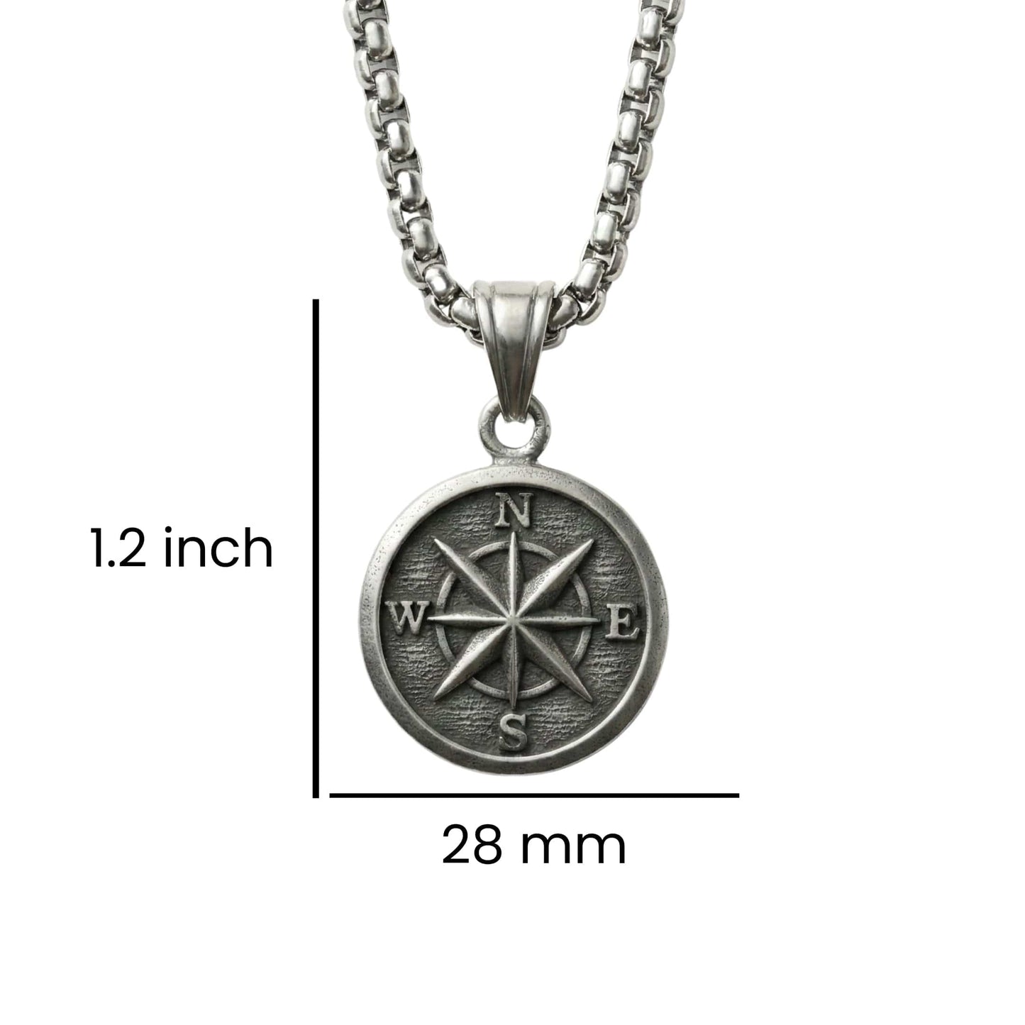 DIRECTIONAL COMPASS - 28mm Pure Titanium Steel  Pendant with 24inch Round Box 5mm Chain for Men & Boys - THE MEN THING