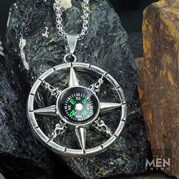 DIRECTIONAL STAR - Alloy Compass Pendant with Stainless Steel 24inch Round Box Chain, European trending Style for Men & Boys