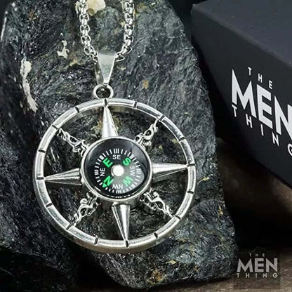 DIRECTIONAL STAR - Alloy Compass Pendant with Stainless Steel 24inch Round Box Chain, European trending Style for Men & Boys — SS Pendant/ Necklace for Men | THE MEN THING