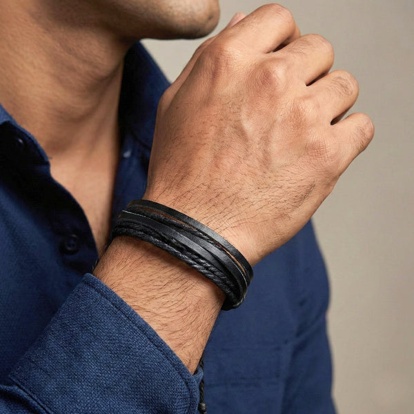 DOMINATOR CUFF - Genuine Braided Leather Bracelet Set for Men & Boys (8 inch)
