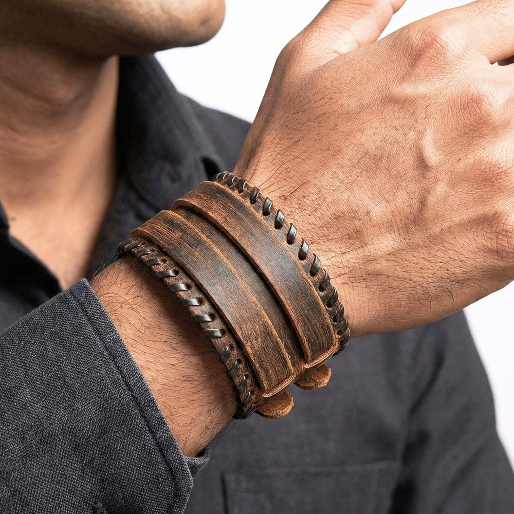 DOMINION FORGE - 56mm Brown Genuine Leather Adjustable Bracelet for Men & Boys (8 inch) - THE MEN THING