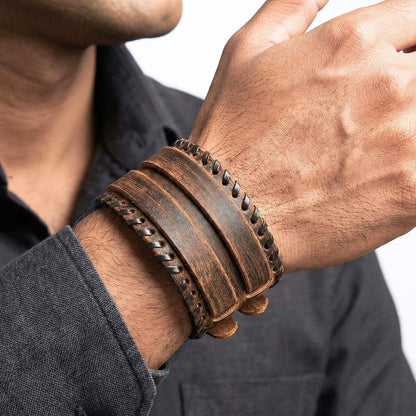 DOMINION FORGE - 56mm Brown Genuine Leather Adjustable Bracelet for Men & Boys (8 inch) - THE MEN THING