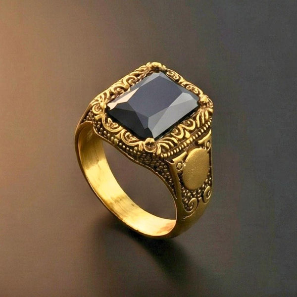 DOMINION ONYX RING - Pure Stainless Steel Men’s Gold-Black Plated Ring (Size : 21-27)
