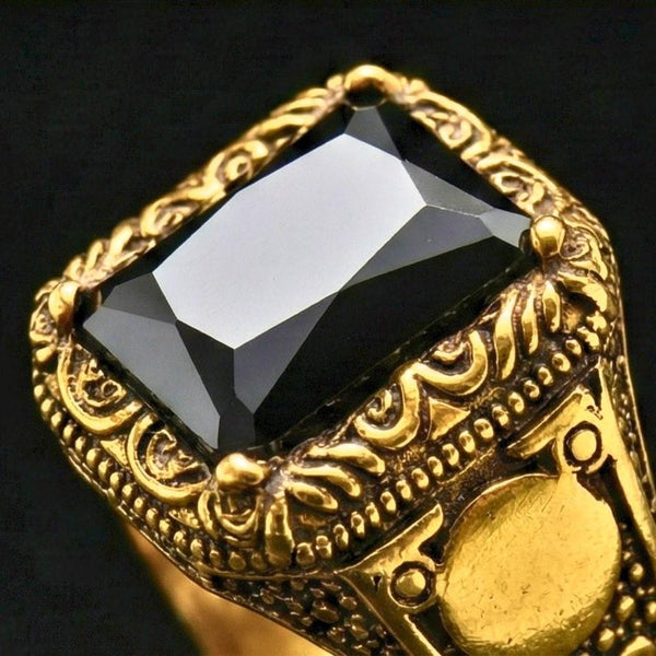 DOMINION ONYX RING - Pure Stainless Steel Men’s Gold-Black Plated Ring (Size : 21-27)