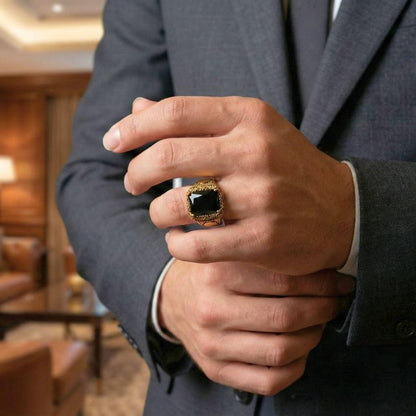 DOMINION ONYX RING - Pure Stainless Steel Men’s Gold-Black Plated Ring (Size : 21-27) - THE MEN THING