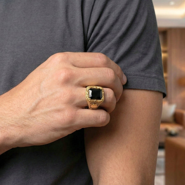 DOMINION ONYX RING - Pure Stainless Steel Men’s Gold-Black Plated Ring (Size : 21-27)