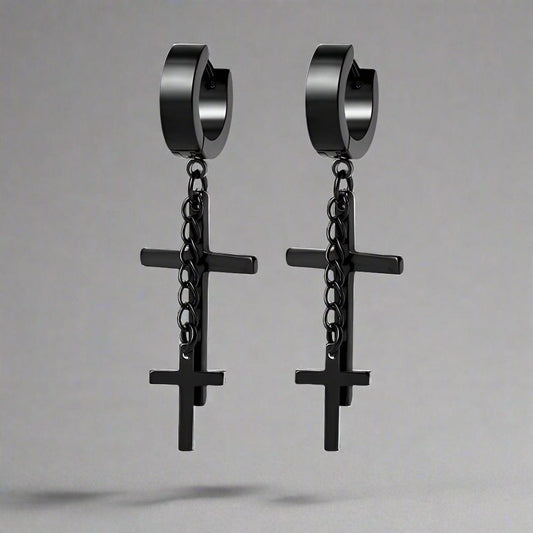 DOUBLE CROSS NOIRCHAIN BLACK - Titanium Steel Hoop Earrings for Men & Boys (2 Pcs) - THE MEN THING