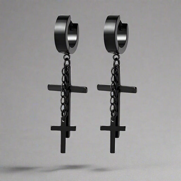 DOUBLE CROSS NOIRCHAIN BLACK - Titanium Steel Hoop Earrings for Men & Boys (2 Pcs)