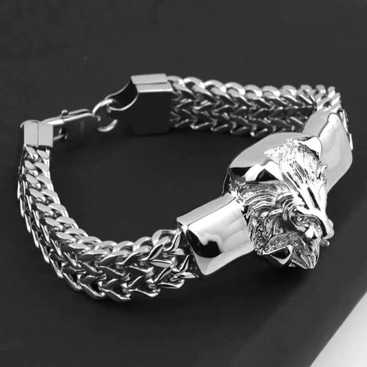 DOUBLE FRANCO LION - Heavy 12mm Pure Stainless Steel Chain with Alloy Lion Head Bracelet for Men & Boys (10 inch) - THE MEN THING