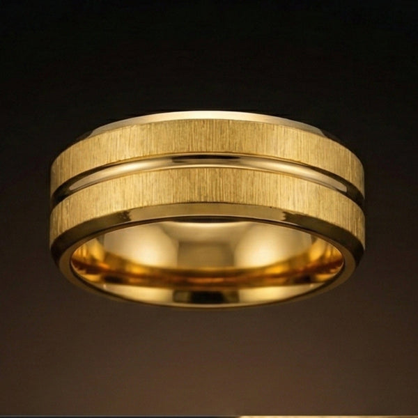 DOUBLE GROOVE  - Pure Stainless Steel Men’s Gold Plated Ring (Size : 17-22-27)