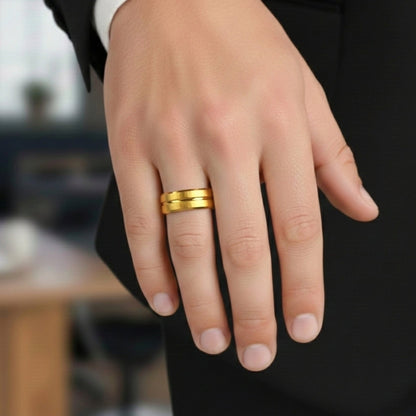 DOUBLE GROOVE  - Pure Stainless Steel Men’s Gold Plated Ring (Size : 17-22-27) - THE MEN THING