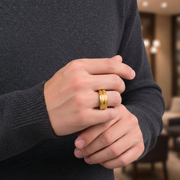 DOUBLE GROOVE  - Pure Stainless Steel Men’s Gold Plated Ring (Size : 17-22-27)