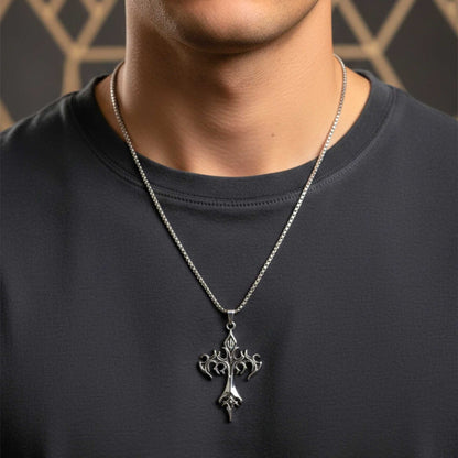 DRAKMOR INFERNAL CROSS - 35mm Pure Titanium Steel Pendant with 23inch Round Box 4mm Chain for Men & Boys - THE MEN THING