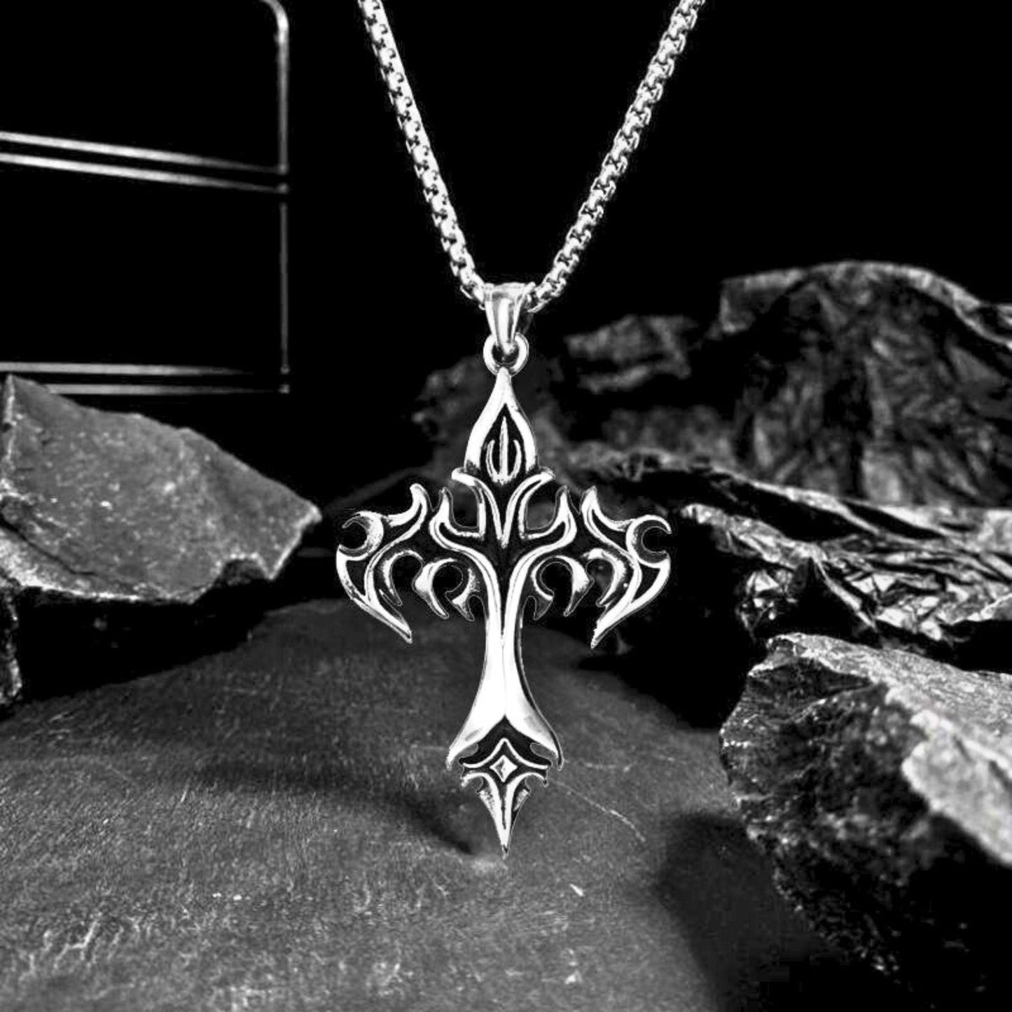 DRAKMOR INFERNAL CROSS - 35mm Pure Titanium Steel Pendant with 23inch Round Box 4mm Chain for Men & Boys - THE MEN THING